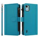 For Nokia C12 Magnetic Closure 9 Card Slots Zipper Leather Case with Hand Strap(Turquoise) - 2