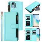 For Nokia C12 Magnetic Closure 9 Card Slots Zipper Leather Case with Hand Strap(Mint Green) - 1