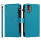 For Nokia C32 Magnetic Closure 9 Card Slots Zipper Leather Case with Hand Strap(Turquoise) - 2