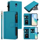 For Nokia C01 Plus / C1 2nd Edition Magnetic Closure 9 Card Slots Zipper Leather Case with Hand Strap(Turquoise) - 1