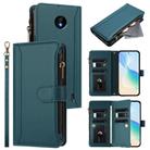 For Nokia C10 / C20 Magnetic Closure 9 Card Slots Zipper Leather Case with Hand Strap(Dark Green) - 1