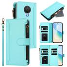 For Nokia 6.3 / G20 / G10 Magnetic Closure 9 Card Slots Zipper Leather Case with Hand Strap(Mint Green) - 1