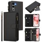 For Fujitsu Arrows We2 Plus Magnetic Closure 9 Card Slots Zipper Leather Case with Hand Strap(Black) - 1