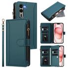 For Fujitsu Arrows We2 Plus Magnetic Closure 9 Card Slots Zipper Leather Case with Hand Strap(Dark Green) - 1