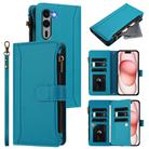For Fujitsu Arrows We2 Plus Magnetic Closure 9 Card Slots Zipper Leather Case with Hand Strap(Turquoise) - 1