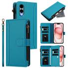 For Fujitsu Arrows We2 Magnetic Closure 9 Card Slots Zipper Leather Case with Hand Strap(Turquoise) - 1