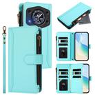 For Cubot A30 Magnetic Closure 9 Card Slots Zipper Leather Case with Hand Strap(Mint Green) - 1