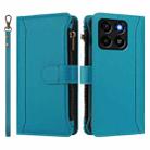 For ZTE Blade A35 / A55 Magnetic Closure 9 Card Slots Zipper Leather Case with Hand Strap(Turquoise) - 2