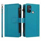 For ZTE Blade A52 Magnetic Closure 9 Card Slots Zipper Leather Case with Hand Strap(Turquoise) - 2