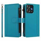 For ZTE Blade A73 4G Magnetic Closure 9 Card Slots Zipper Leather Case with Hand Strap(Turquoise) - 2