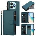 For ZTE Blade A75 4G Magnetic Closure 9 Card Slots Zipper Leather Case with Hand Strap(Dark Green) - 1