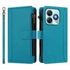 For ZTE Blade A75 4G Magnetic Closure 9 Card Slots Zipper Leather Case with Hand Strap(Turquoise) - 2