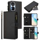 For ZTE Blade V40s Magnetic Closure 9 Card Slots Zipper Leather Case with Hand Strap(Black) - 1
