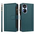 For ZTE Blade V40s Magnetic Closure 9 Card Slots Zipper Leather Case with Hand Strap(Dark Green) - 2