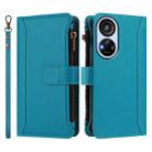 For ZTE Blade V40s Magnetic Closure 9 Card Slots Zipper Leather Case with Hand Strap(Turquoise) - 2