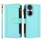 For ZTE Blade V40s Magnetic Closure 9 Card Slots Zipper Leather Case with Hand Strap(Mint Green) - 2