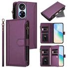 For ZTE Blade V40s Magnetic Closure 9 Card Slots Zipper Leather Case with Hand Strap(Purple) - 1