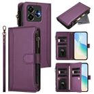 For ZTE Blade V60 Vita / V60 Design Magnetic Closure 9 Card Slots Zipper Leather Case with Hand Strap(Purple) - 1