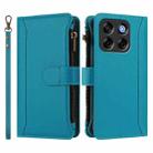 For ZTE Blade V70 Magnetic Closure 9 Card Slots Zipper Leather Case with Hand Strap(Turquoise) - 2