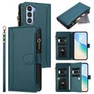 For ZTE Nubia S 5G A403ZT Magnetic Closure 9 Card Slots Zipper Leather Case with Hand Strap(Dark Green) - 1