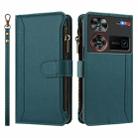 For ZTE Nubia Z60 Ultra Magnetic Closure 9 Card Slots Zipper Leather Case with Hand Strap(Dark Green) - 2