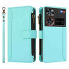 For ZTE Nubia Z60 Ultra Magnetic Closure 9 Card Slots Zipper Leather Case with Hand Strap(Mint Green) - 2