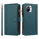 For Xiaomi Mi 11 Magnetic Closure 9 Card Slots Zipper Leather Case with Hand Strap(Dark Green) - 2