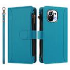 For Xiaomi Mi 11 Magnetic Closure 9 Card Slots Zipper Leather Case with Hand Strap(Turquoise) - 2