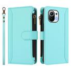 For Xiaomi Mi 11 Magnetic Closure 9 Card Slots Zipper Leather Case with Hand Strap(Mint Green) - 2