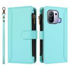 For Xiaomi Mi 11 Pro Magnetic Closure 9 Card Slots Zipper Leather Case with Hand Strap(Mint Green) - 2