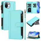 For Xiaomi Mi 11 Lite 4G / 5G Magnetic Closure 9 Card Slots Zipper Leather Case with Hand Strap(Mint Green) - 1
