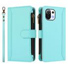 For Xiaomi Mi 11 Lite 4G / 5G Magnetic Closure 9 Card Slots Zipper Leather Case with Hand Strap(Mint Green) - 2