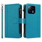For Xiaomi 13 Magnetic Closure 9 Card Slots Zipper Leather Case with Hand Strap(Turquoise) - 2