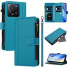 For Xiaomi 13T / 13T Pro / Redmi K60 Ultra Magnetic Closure 9 Card Slots Zipper Leather Case with Hand Strap(Turquoise) - 1