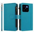For Xiaomi 14 Pro Magnetic Closure 9 Card Slots Zipper Leather Case with Hand Strap(Turquoise) - 2
