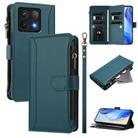 For Xiaomi 14T Magnetic Closure 9 Card Slots Zipper Leather Case with Hand Strap(Dark Green) - 1