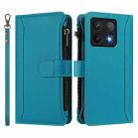 For Xiaomi 14T Magnetic Closure Nine Card Slots Zipper Leather Case with Hand Strap(Turquoise) - 2