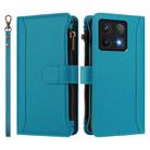 For Xiaomi 14T Pro Magnetic Closure 9 Card Slots Zipper Leather Case with Hand Strap(Turquoise) - 2
