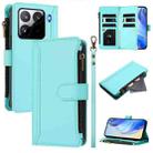 For Xiaomi 15 Pro Magnetic Closure 9 Card Slots Zipper Leather Case with Hand Strap(Mint Green) - 1