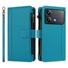 For Xiaomi Poco X6 Neo Magnetic Closure 9 Card Slots Zipper Leather Case with Hand Strap(Turquoise) - 2