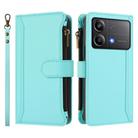 For Xiaomi Poco X6 Neo Magnetic Closure 9 Card Slots Zipper Leather Case with Hand Strap(Mint Green) - 2