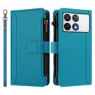 For Xiaomi Poco F6 Pro Magnetic Closure 9 Card Slots Zipper Leather Case with Hand Strap(Turquoise) - 2