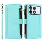 For Xiaomi Poco F6 Pro Magnetic Closure 9 Card Slots Zipper Leather Case with Hand Strap(Mint Green) - 2