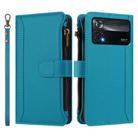 For Xiaomi Poco X4 Pro 5G Magnetic Closure 9 Card Slots Zipper Leather Case with Hand Strap(Turquoise) - 2