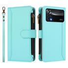 For Xiaomi Poco X4 Pro 5G Magnetic Closure 9 Card Slots Zipper Leather Case with Hand Strap(Mint Green) - 2