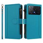 For Xiaomi Poco X6 Pro Magnetic Closure 9 Card Slots Zipper Leather Case with Hand Strap(Turquoise) - 2