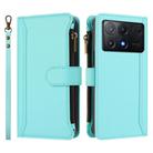 For Xiaomi Poco X6 Pro Magnetic Closure 9 Card Slots Zipper Leather Case with Hand Strap(Mint Green) - 2