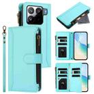 For Xiaomi 15S Pro Magnetic Closure 9 Card Slots Zipper Leather Case with Hand Strap(Mint Green) - 1