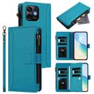 For Ulefone Note 16 Pro Magnetic Closure 9 Card Slots Zipper Leather Case with Hand Strap(Turquoise) - 1