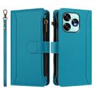 For Umidigi A15 / A15C / A15T Magnetic Closure 9 Card Slots Zipper Leather Case with Hand Strap(Turquoise) - 2